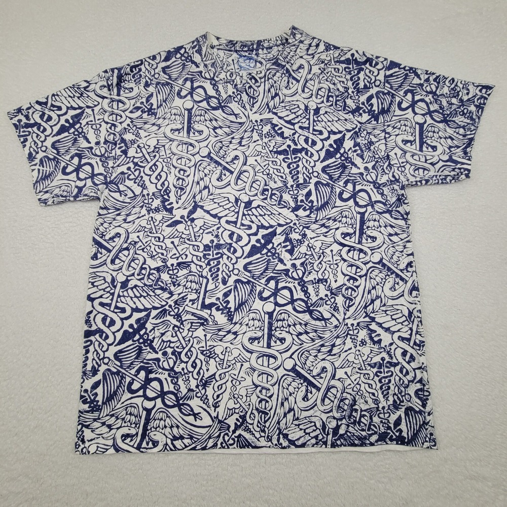 The Caduceus All Over Print Shirt‎ Mens XL White Blue Short SLeeve Cotton RARE